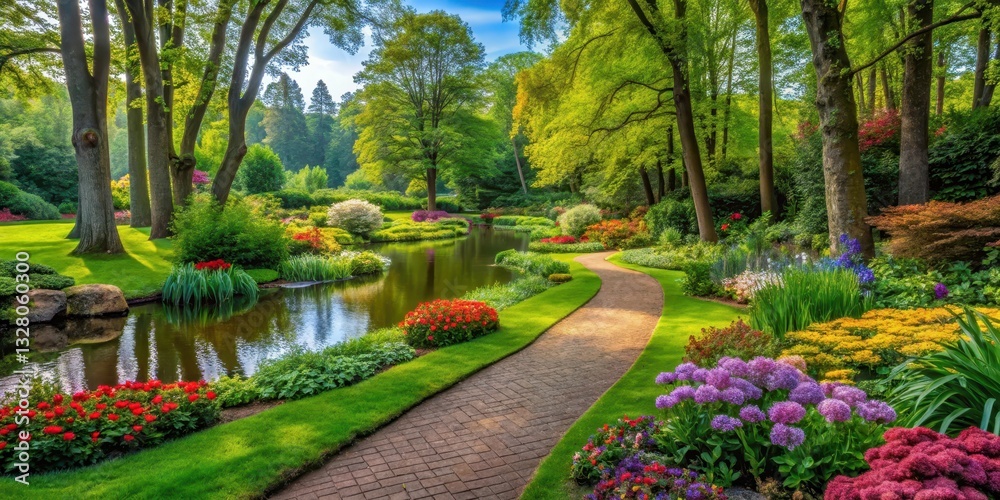 Obraz premium A serene landscape of a garden with lush greenery and vibrant flowers surrounded by tall trees with a meandering path leading to a tranquil pond, scenic view, green park