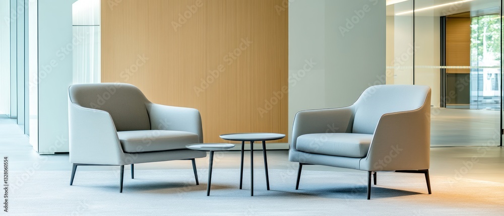 Modern Office Lounge: Two Elegant Armchairs and a Coffee Table in a Contemporary Workspace Modern Office Lounge: Two Elegant Armchairs and a Coffee Table in a Contemporary Workspace