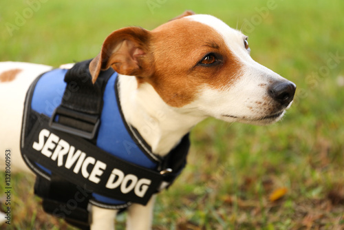 Cute Jack Russell Terrier wearing service dog vest outdoors, closeup