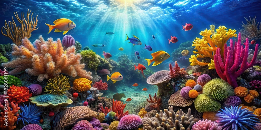 Obraz premium Colorful coral reef with diverse marine life, coral diversity, underwater scene