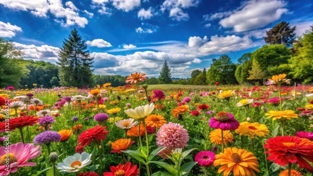 Vast field of vibrant colorful flowers swaying gently in the breeze under a clear blue sky with lush green plants and trees in the background , nature, landscape Vast field of vibrant colorful flowers swaying gently in the breeze under a clear blue sky with lush green plants and trees in the background , nature, landscape