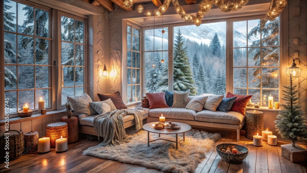 Fototapeta premium Cozy winter retreat with roommates, calming space, winter wonderland