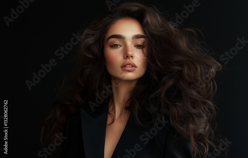 A beautiful woman in a black suit poses, her long, curly hair framing her face.
