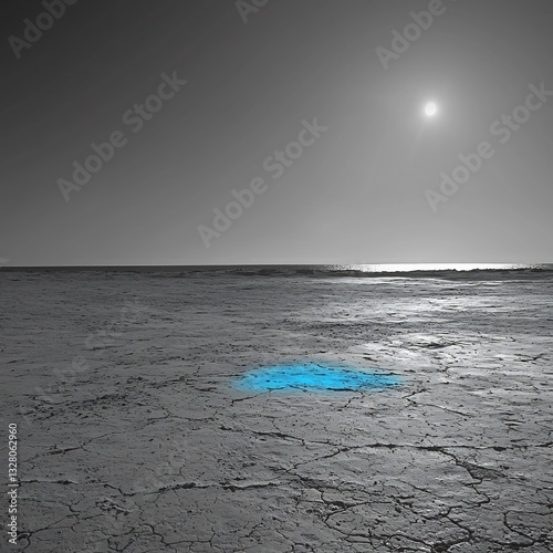 Monochrome desert only a single blue oasis in color representing hope in adversity