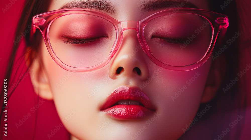 A close up of the face of an Asian beauty wearing pink glasses, generative AI A close up of the face of an Asian beauty wearing pink glasses, generative AI