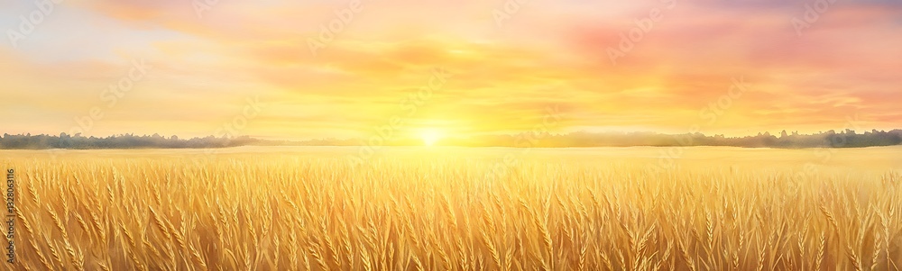 Fototapeta premium Golden fields basking in a warm sunset glow, creating a serene landscape.