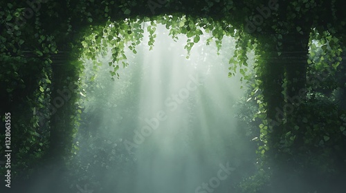 A serene forest scene with sunlight streaming through lush green foliage.