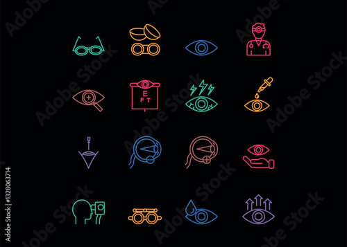 A set of icons for ophthalmology. The icons include eyeglasses, contact lenses, Eyeglasses, and eye Exams. Editable stroke. Vector illustration.