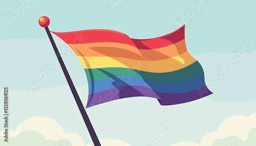 Colorful rainbow flag waving against blue sky, symbol of pride