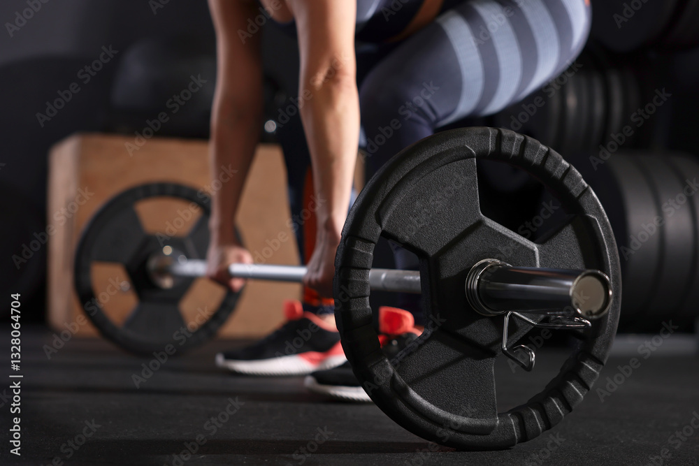 Sportswoman with barbell during crossfit workout in gym, closeup Sportswoman with barbell during crossfit workout in gym, closeup