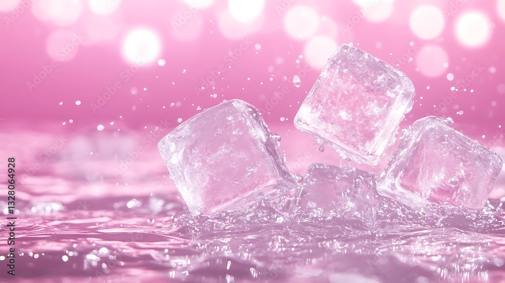 Ice cubes splashing in water with a soft pink background, creating a refreshing and vibrant atmosphere. Ice cubes splashing in water with a soft pink background, creating a refreshing and vibrant atmosphere.