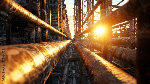 highly detailed industrial environment showcasing rusty metal pipes illuminated by warm sunlight, creating dramatic and atmospheric scene