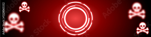Cybercrime concept with red digital interface and skull symbols. Represents hacking, malware, online threats, data breaches, cyber attacks, fraud, ransomware, phishing, and internet security risks.