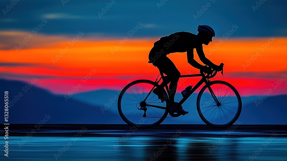 Fototapeta premium A competitive cyclist leans forward on a road bike, speeding along a reflective surface under a twilight sky. The vivid hues of deep blue and fiery orange create a dramatic backdrop
