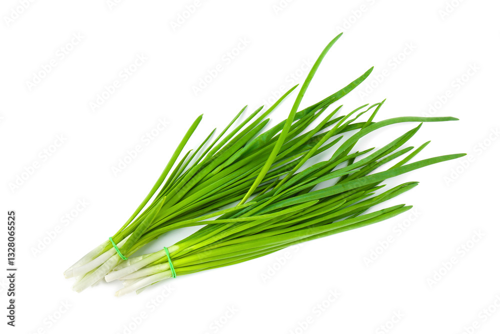 Bunches of fresh green onions isolated on white, top view Bunches of fresh green onions isolated on white, top view