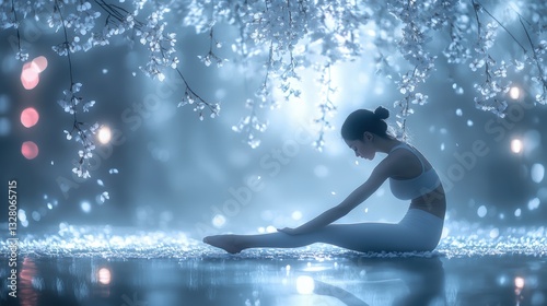 A woman practices yoga under cascading cherry blossoms, surrounded by glowing reflections. The ethereal blue tones create a sense of calm and serenity