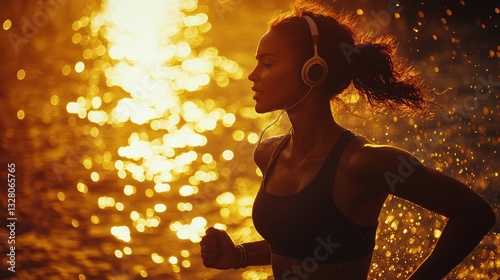 A determined woman in sportswear and headphones jogs along shimmering water, illuminated by the golden glow of the sunset