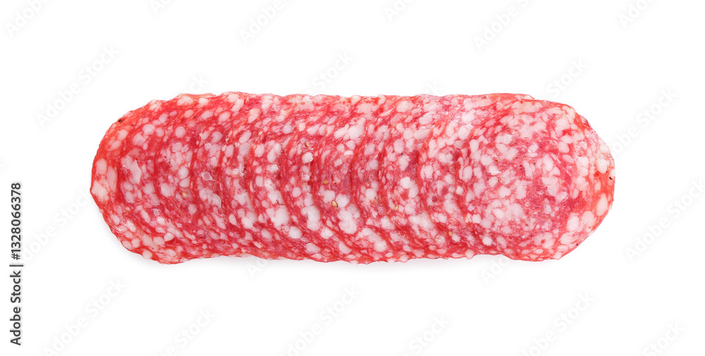 Slices of tasty smoked sausage on white background, top view Slices of tasty smoked sausage on white background, top view