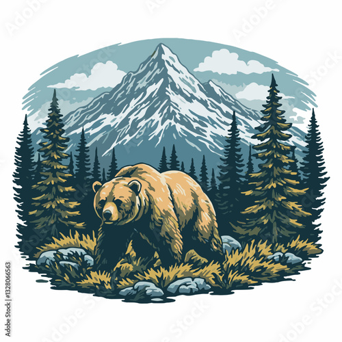 Mountains touristic logo or emblem design template with bear vintage illustration.