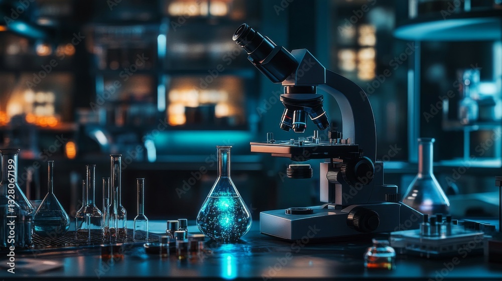 Glowing Erlenmeyer Flask and Microscope in a Blue Lit Laboratory Glowing Erlenmeyer Flask and Microscope in a Blue Lit Laboratory