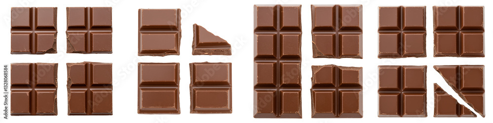 Set of Broken Chocolate Bar on White
