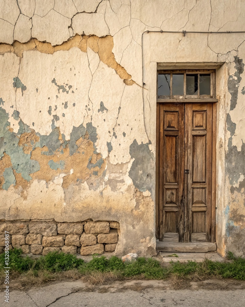Fototapeta premium A door with a wooden frame is in front of a wall that is covered in paint