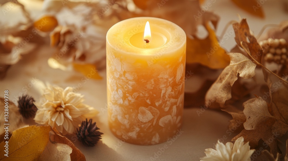 Burning Yellow Candle with Autumn Leaves and Dried Flowers Burning Yellow Candle with Autumn Leaves and Dried Flowers