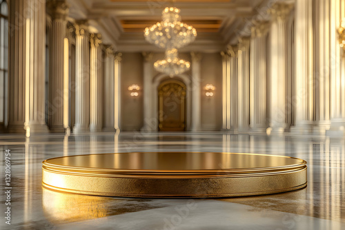 Elegant golden podium with mirrored reflection in grand hall interior