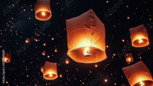 Lanterns float in the air with light inside them. The paper lanterns are square and have an orange glow. Vesak Day, Diwali. 