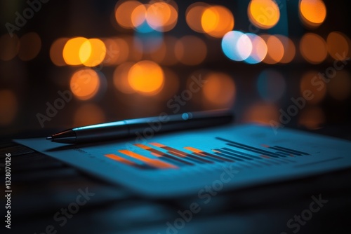 Business Graph Analysis with Pen and Blurred City Lights Background
