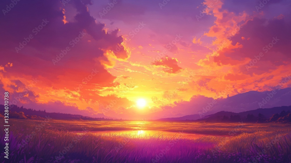 Fototapeta premium Vibrant Sunset Over Purple Field and Calm Water