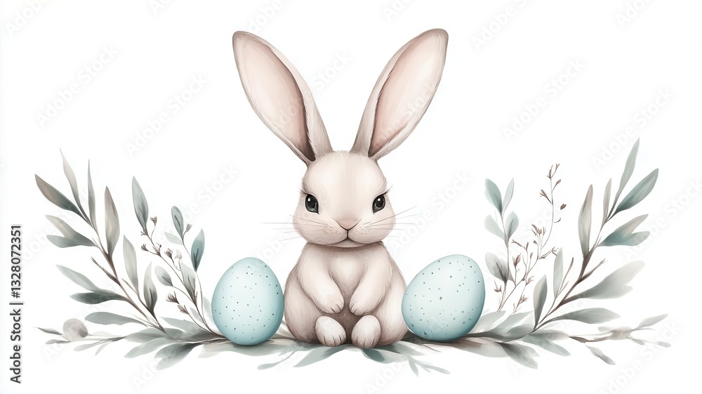 Obraz premium Cute and playful illustration of a rabbit sitting with decorative eggs surrounded by foliage.