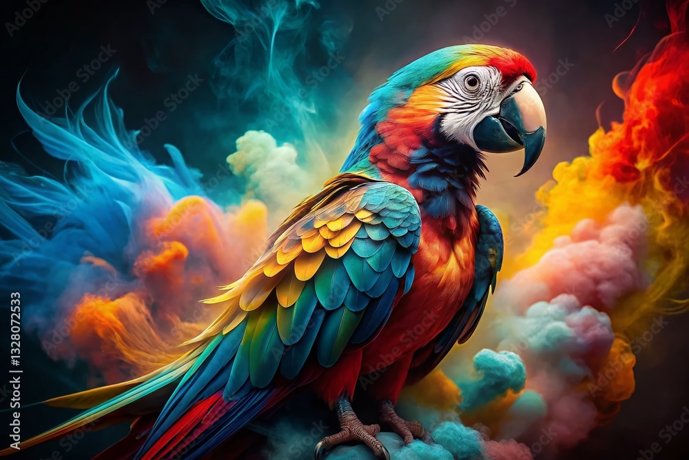 Obraz premium Majestic Parrot in Colorful Smoke, Mystical Bird Photography