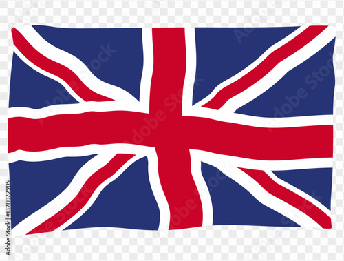 Waving UK flag isolated on a transparent PNG background. Perfect for designs, presentations, or digital projects. High-quality image showcasing the Union Jack in a dynamic, realistic style.