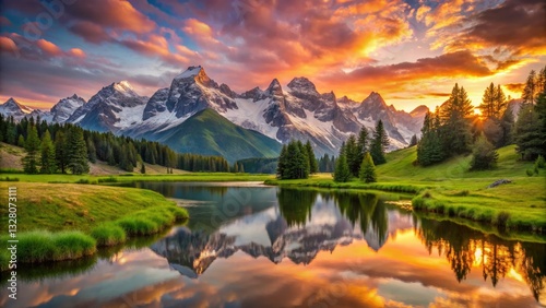 Epic sunrise illuminates a breathtaking mountain landscape, serene valley bathed in golden light.