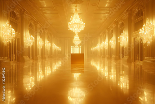 Opulent golden hall with mirrored floor and crystal chandeliers reflecting luxury and wealth