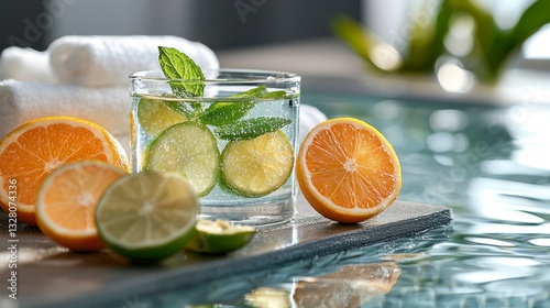 Start your day with a burst of freshness, indulge in a morning bath that awakens your senses The invigorating citrus aromas fill the air as you immerse yourself in the warm water A glass of infused