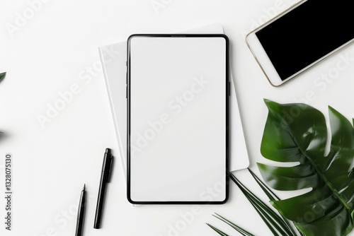 A minimalist white tablet on a clean white background, perfect for branding, advertising and presentation purposes.