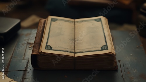 A large antique open book lies on a wooden table