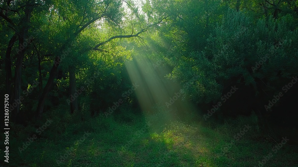 Obraz premium Sunbeams Illuminating a Lush Forest