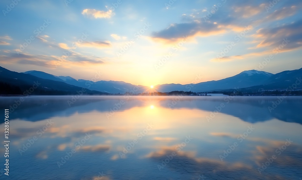 Serene sunrise over a tranquil lake with mountains reflecting in the water. Serene sunrise over a tranquil lake with mountains reflecting in the water.