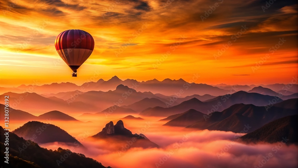 Obraz premium Majestic Silhouette: Hot Air Balloon Soaring Over Mountain Peaks at Sunrise