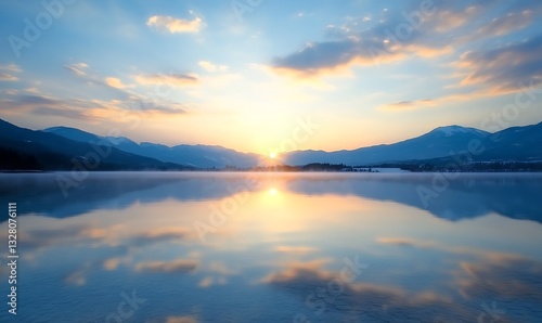 Serene sunrise over a tranquil lake with mountains reflecting in the water.