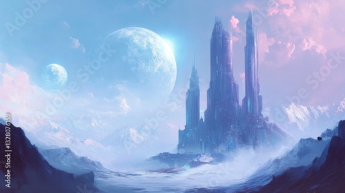 Futuristic City Landscape with Icy Mountains and Planets