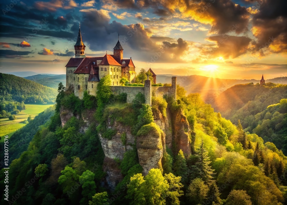 Fototapeta premium Majestic Stone Castle Clifftop Ravine - Epic Fantasy Landscape Stock Photo