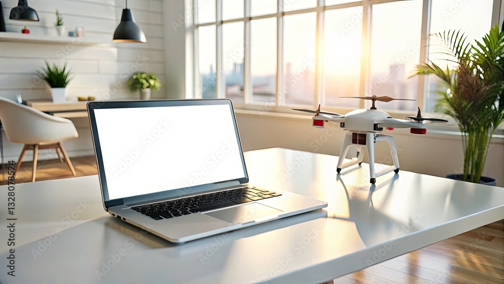 Drone View Laptop Blank Screen White Table Mouse Home Office Interior Photography Drone View Laptop Blank Screen White Table Mouse Home Office Interior Photography