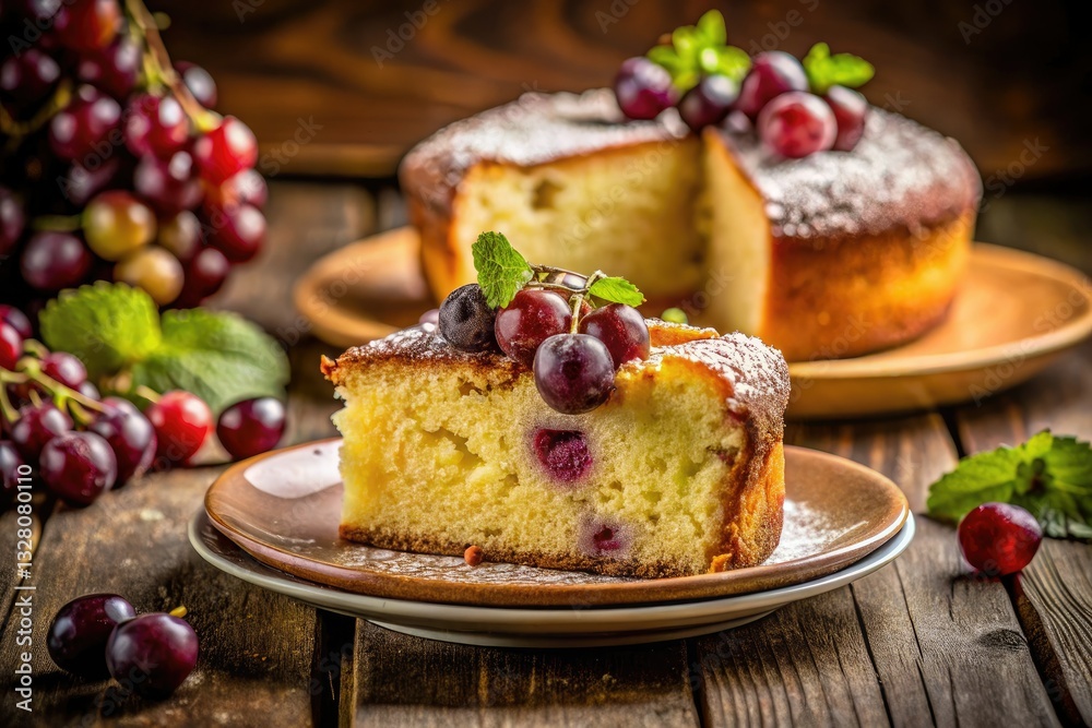 Freshly baked cake, bursting with juicy grapes, captured in a tempting, close-up shot. Freshly baked cake, bursting with juicy grapes, captured in a tempting, close-up shot.