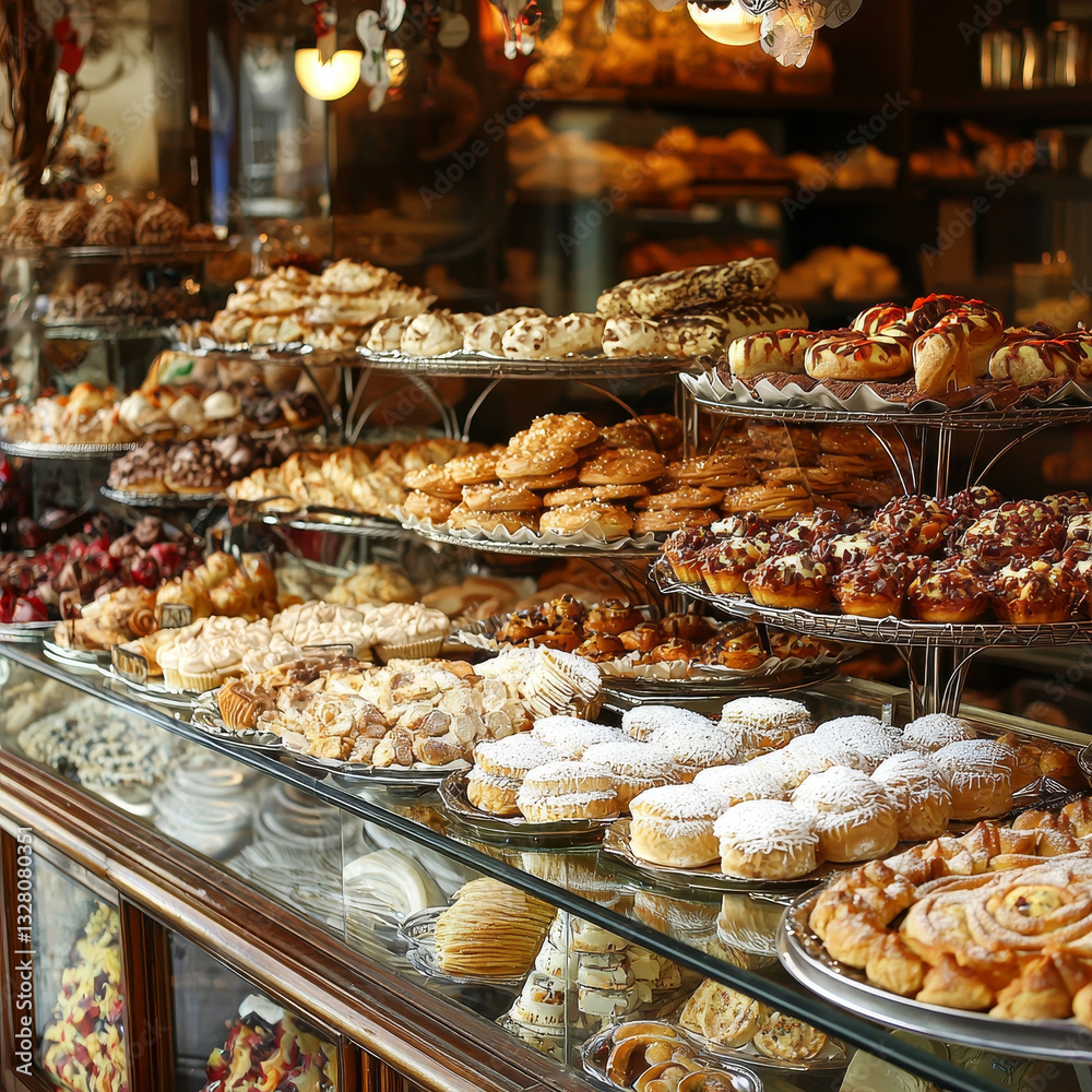 A bakery display overflowing with an assortment of freshly baked pastries and sweets A bakery display overflowing with an assortment of freshly baked pastries and sweets