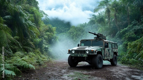 Military Vehicle in Jungle Setting Surrounded by Lush Greenery and Misty Atmospheric Conditions