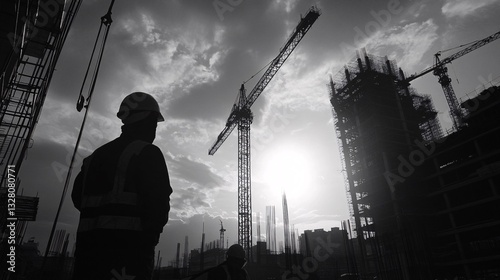 A civil engineer worker’s silhouette stands alongside a crane and building, symbolizing infrastructure and urban growth